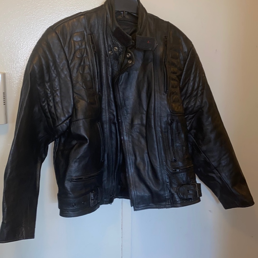 RGC Black Biker Motorcycle Men’s Leather Jacket Size 48